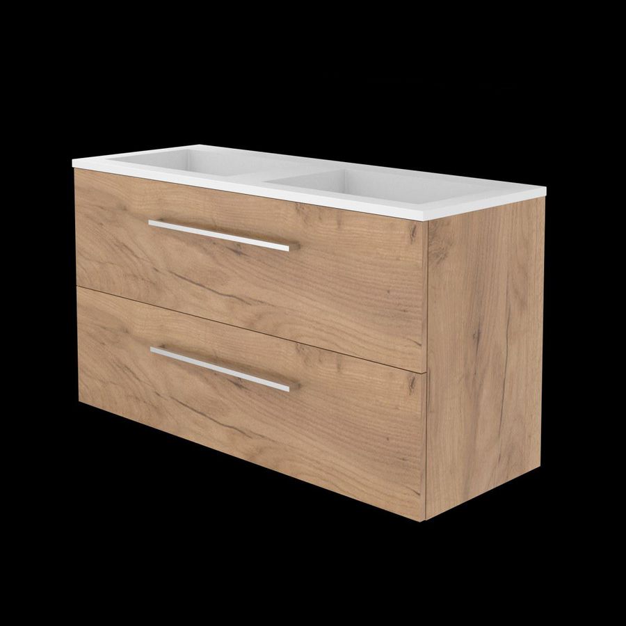 Set START-46 onderkast whisky oak 120cm grepen chroom 2x la acryl wastafel z/ kraangat (S46GR1202A0WO)