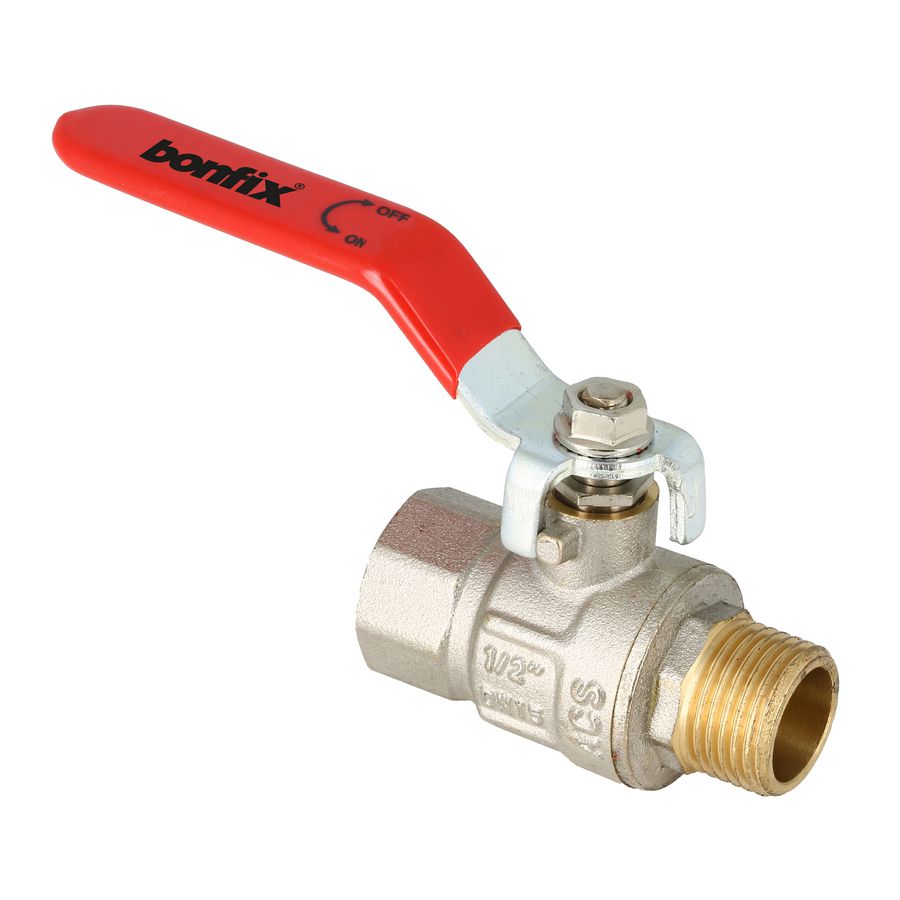 PROMO Kogelkraan messing vernikkeld met rode hendel 1"bi. x 1"bt. (92295)