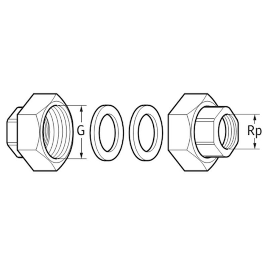 Set a 2st. koppelingen vlakdichtend + pakking malleable 1"x1/2"bn.