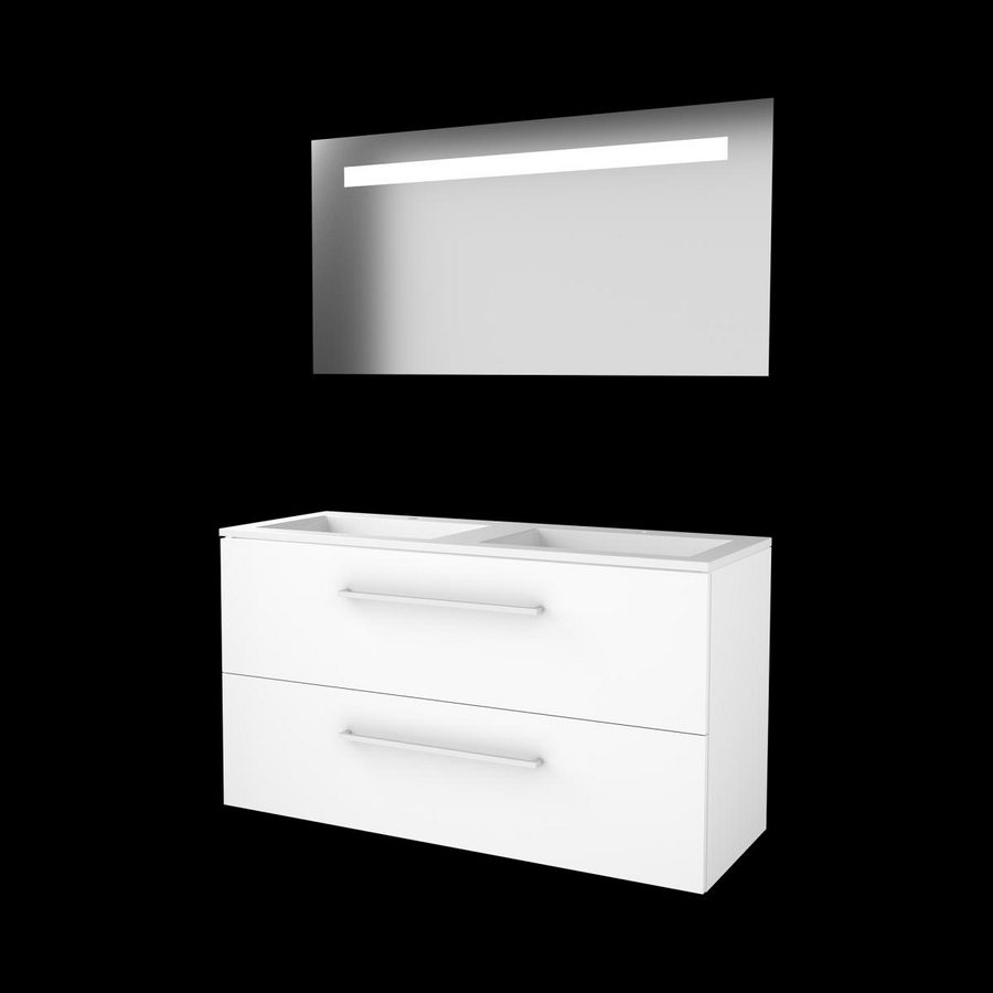 Set ECONOMIC-46 onderkast ice white 120cm grepen chroom 2x la acryl wastafel z/ kraangat spiegel geïn. LED-verl. (E46GR1202A0IW)