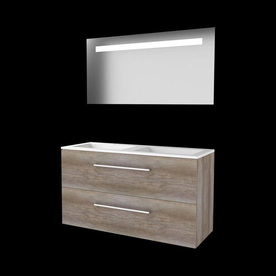 Set ECONOMIC-46 onderkast scotch oak 120cm grepen chroom 2x la acryl wastafel z/ kraangat spiegel geïn. LED-verl. (E46GR1202A0SO)