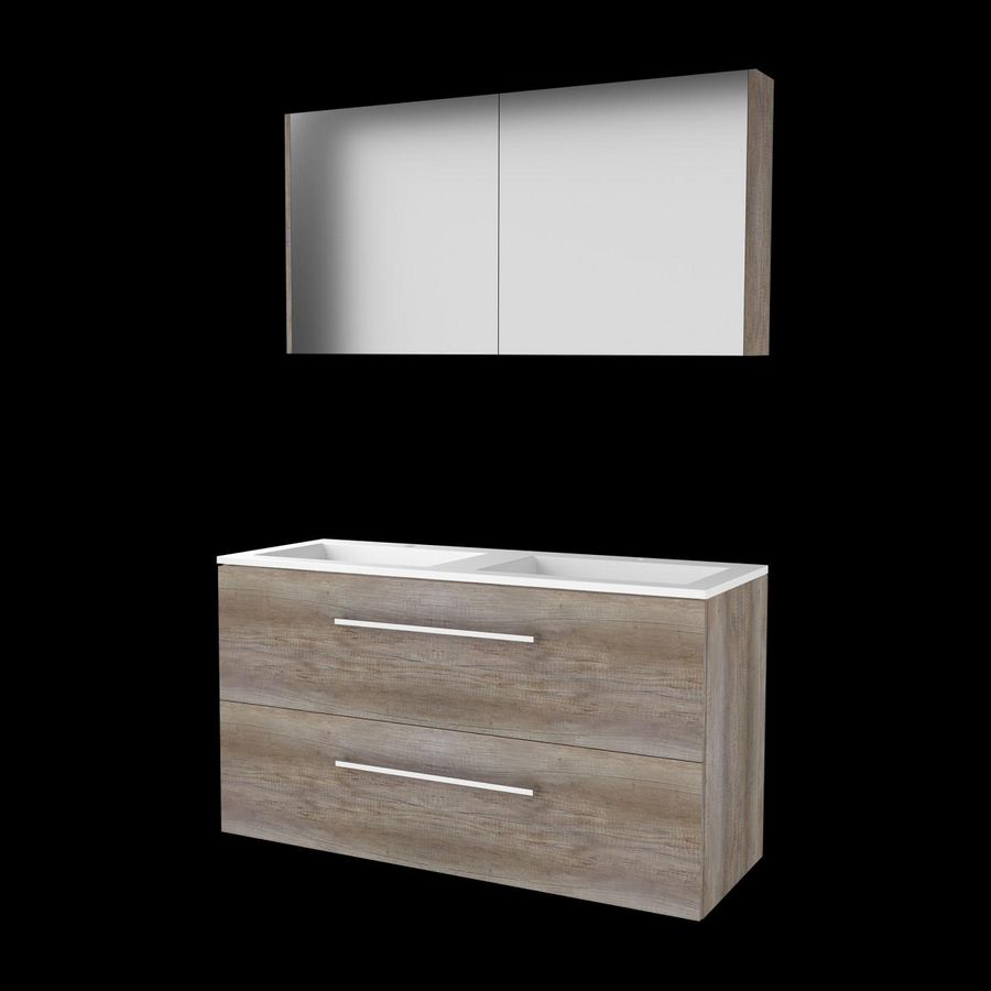 Set COMFORT-46 onderkast 120cm Scotch Oak grepen chroom 2x la acryl wastafel 2x kraangat spiegelkast (C46GR1202A2SO)