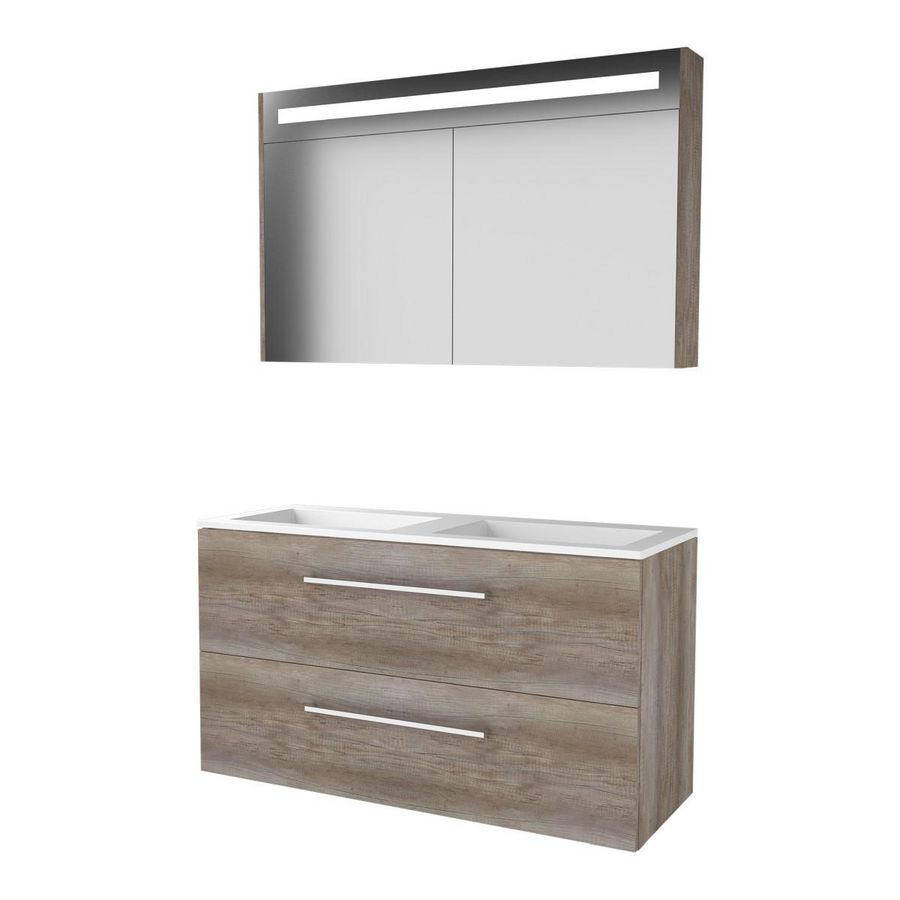 Set PREMIUM-46 onderkast scotch oak 120cm grepen chroom 2x la acryl wastafel z/ kraangat spiegelkast geïn. LED-verl. (P46GR1202A0SO)