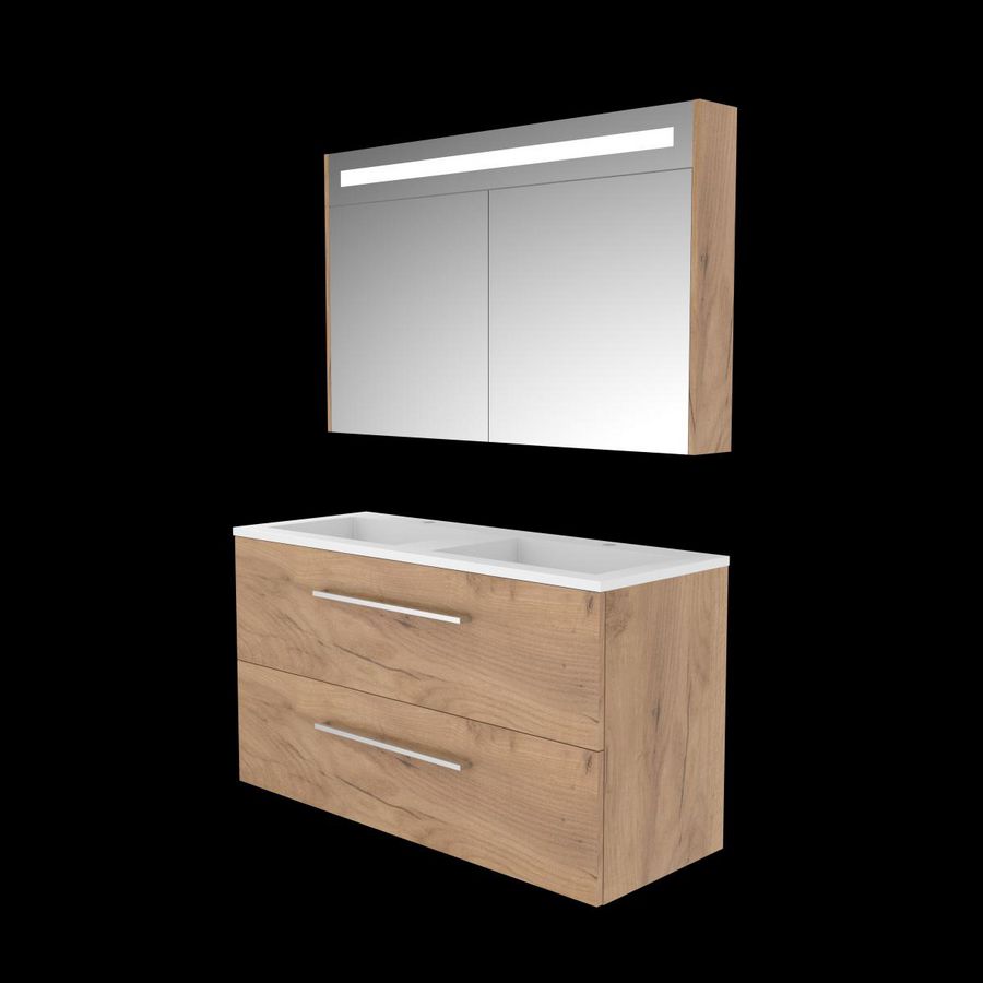 Set PREMIUM-46 onderkast whisky oak 120cm grepen chroom 2x la acryl wastafel 2x kraangat spiegelkast geïn. LED-verl. (P46GR1202A2WO)