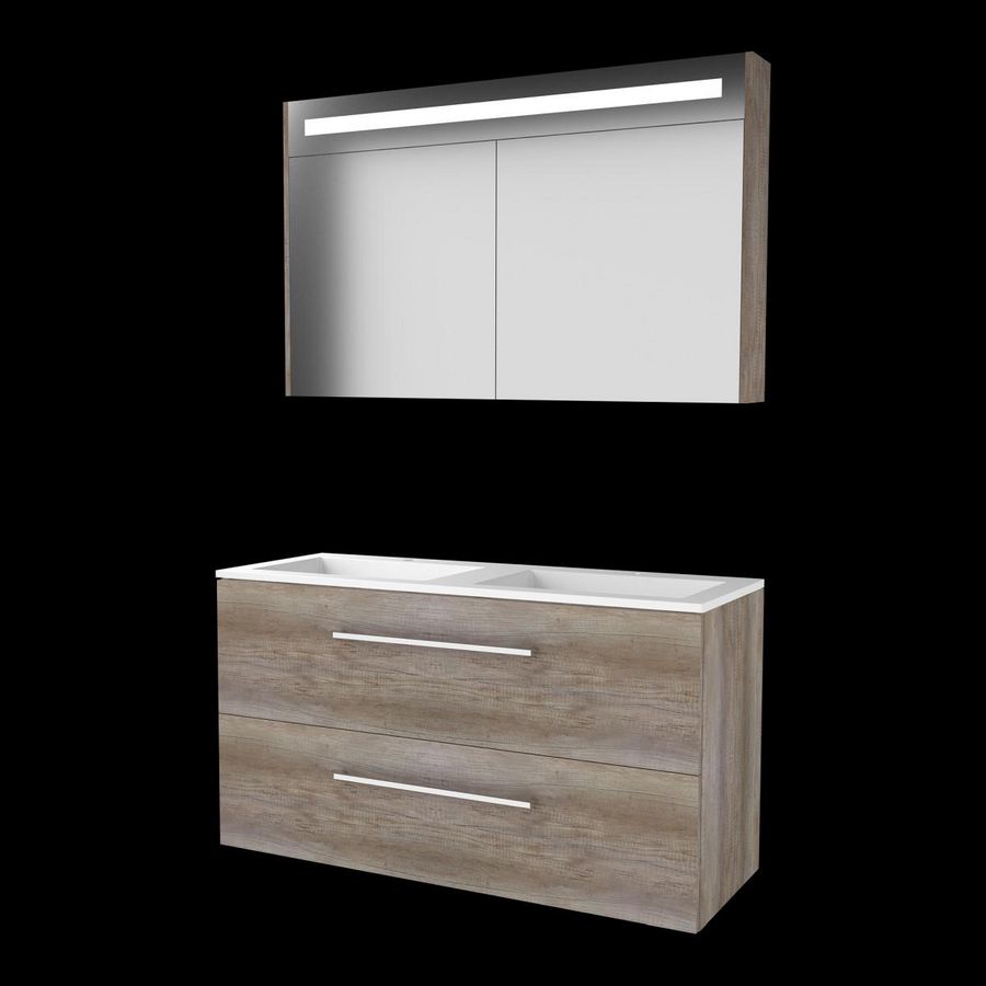 Set PREMIUM-46 onderkast scotch oak 120cm grepen chroom 2x la acryl wastafel 2x kraangat spiegelkast geïn. LED-verl. (P46GR1202A2SO)