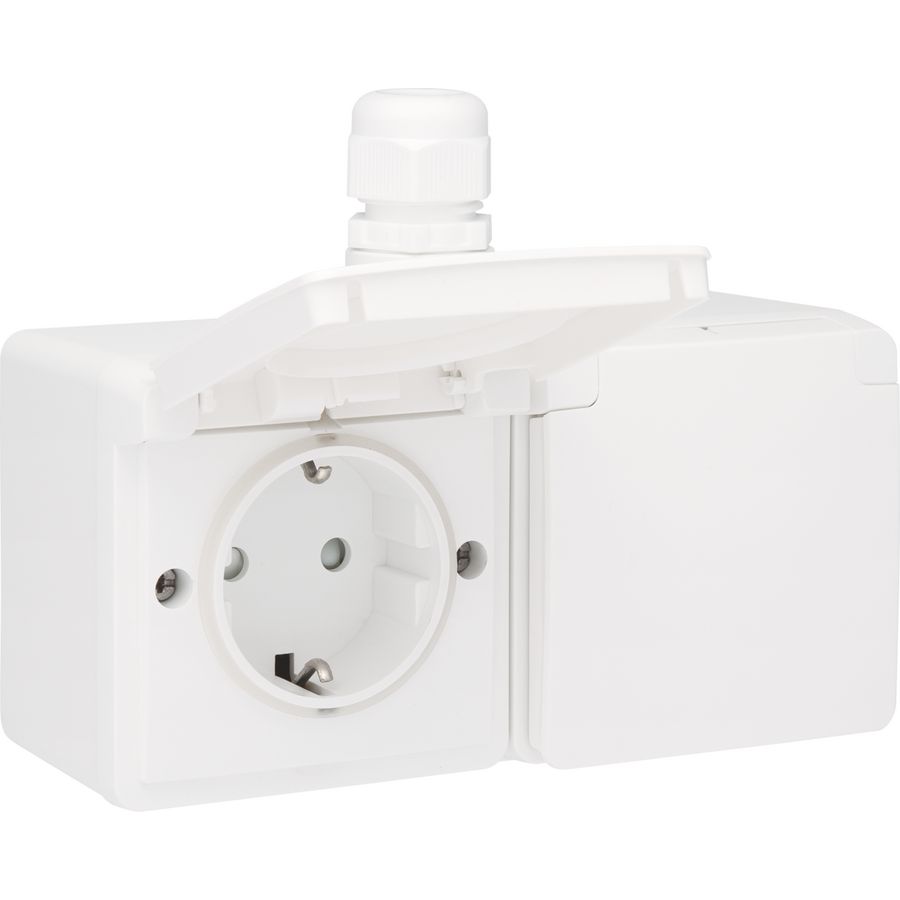 Spuitwaterdicht dubbel HOR stopcontact 1xM20 insteek wit
