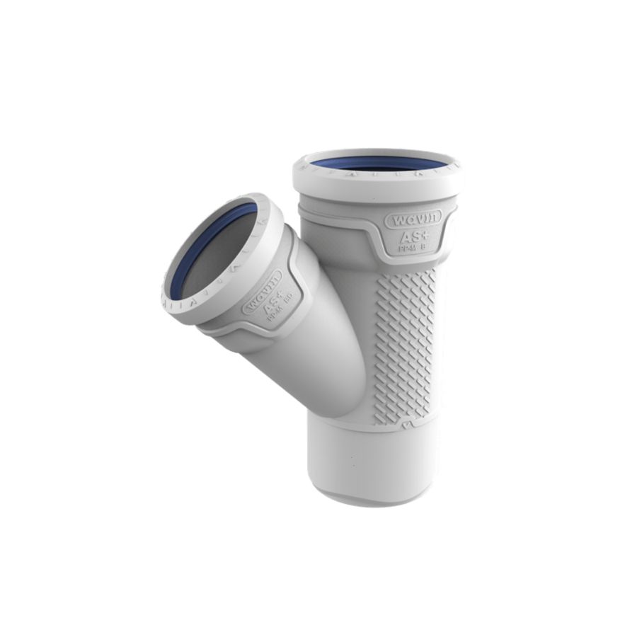T-stuk PP AS+ geluidsarm 45° lichtgrijs 90x75x90mm mof x mof x spie