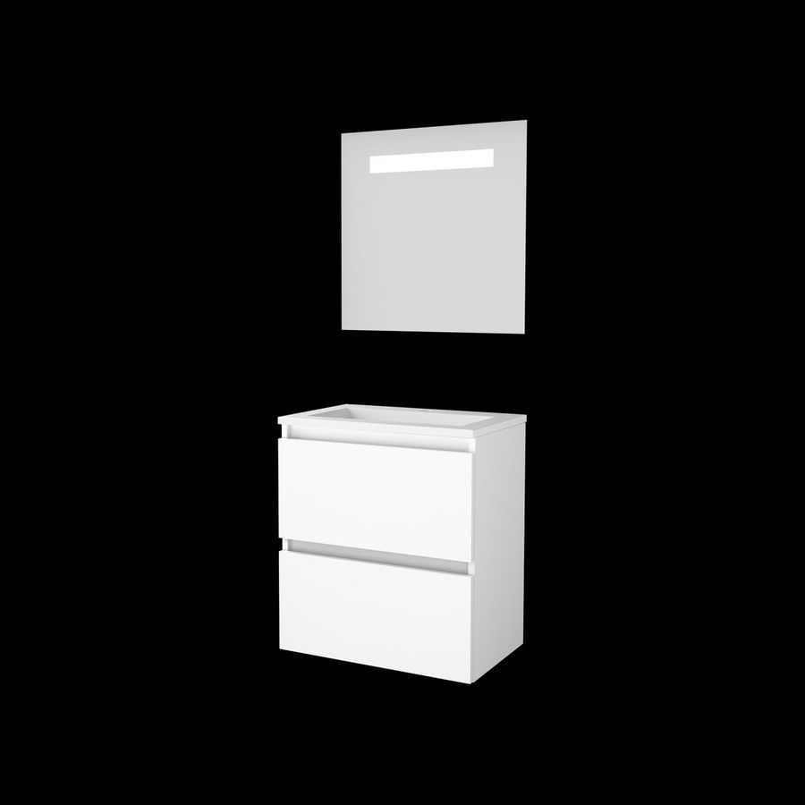 Set ECONOMIC-39 onderkast ice white 60cm greeploos 2x la porselein wastafel 1x kraangat spiegel geïn. LED-verl. (E39GL60PIW)