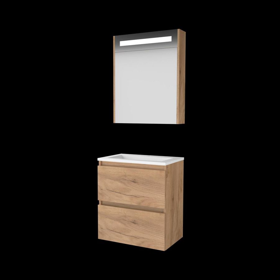Set PREMIUM-39 onderkast whisky oak 60cm greeploos 2x la porselein wastafel 1x kraangat spiegelkast geïn. LED-verl. (P39GL60PWO)
