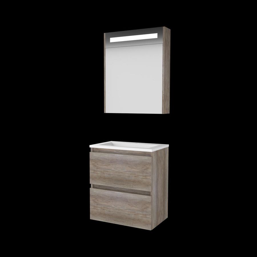 Set PREMIUM-39 onderkast scotch oak 60cm greeploos 2x la porselein wastafel 1x kraangat spiegelkast geïn. LED-verl. (P39GL60PSO)