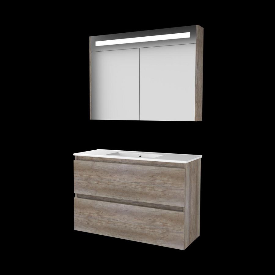 Set PREMIUM-39 onderkast scotch oak 100cm greeploos 2x la porselein wastafel 1x kraangat spiegelkast geïn. LED-verl. (P39GL100PSO)
