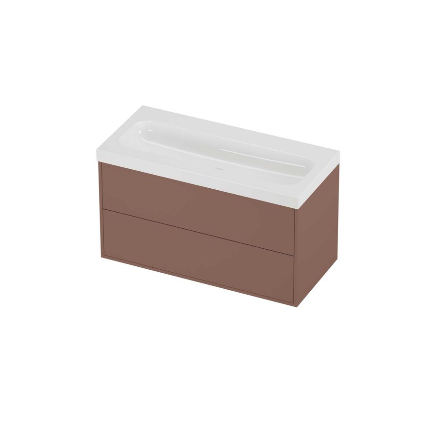 Haga Set polystone Mezza wastafel zonder kraangat en onderkast tbv grepen 2 laden symmetrisch in kader 1000x460x580mm glans wit/Beauty blush
