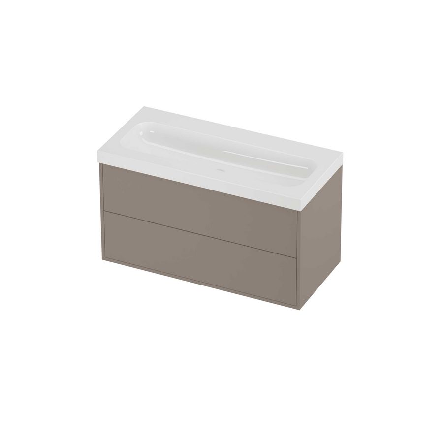 Haga Set polystone Mezza wastafel zonder kraangat en onderkast tbv grepen 2 laden symmetrisch in kader 1000x460x580mm glans wit/Clay beige