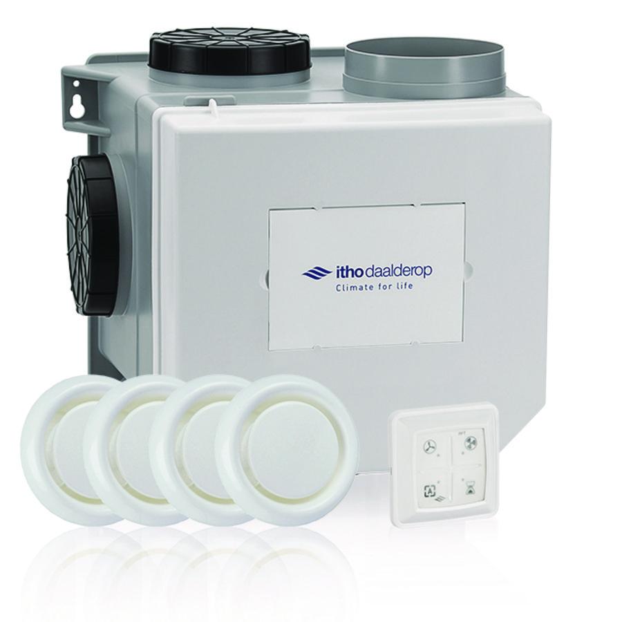 PROMO Woonhuisventilator 'alles in 1 pakket' CVE-S ECO interne vochtsensor euro-& Perilexstekker incl. bediening RFT Auto + 4 ventielen (03-00404)