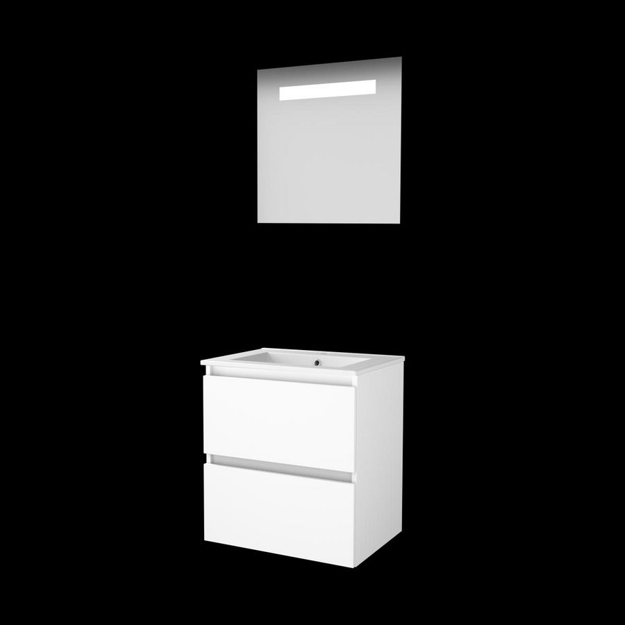 Set ECONOMIC-46 onderkast ice white 60cm greeploos 2x la porselein wastafel 1x kraangat spiegel geïn. LED-verl. (E46GL60PIW)