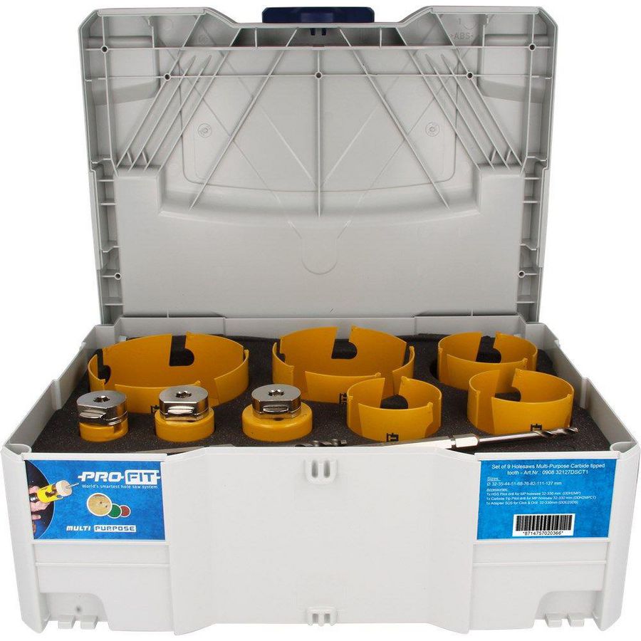 Multi Purpose gatzagenset in T-Loc systainer 32-35-44-51-68-76-82-111-127mm met geïnt. adapters en div. centreerboren