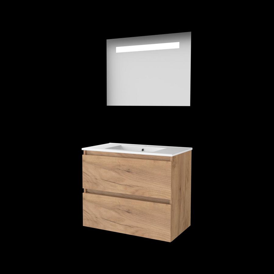 Set ECONOMIC-46 onderkast whisky oak 80cm greeploos 2x la porselein wastafel 1x kraangat spiegel geïn. LED-verl. (E46GL80PWO)
