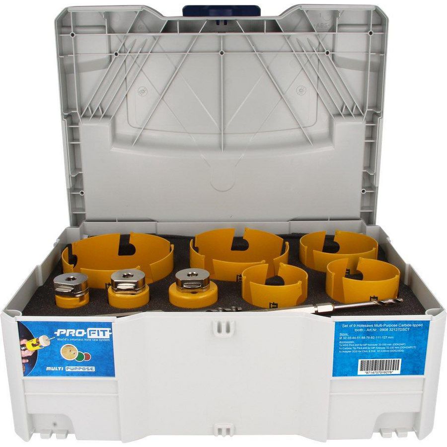 Multi Purpose gatzagenset in T-Loc systainer 32-35-44-51-68-76-92-111-127mm met geïnt. adapters en div. centreerboren
