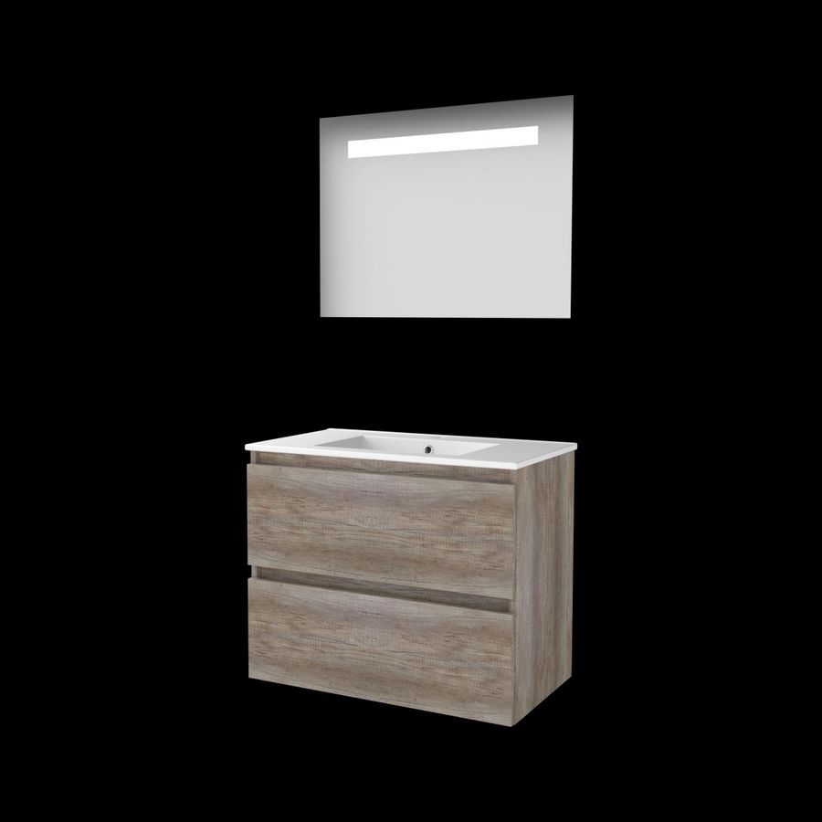 Set ECONOMIC-46 onderkast scotch oak 80cm greeploos 2x la porselein wastafel 1x kraangat spiegel geïn. LED-verl. (E46GL80PSO)