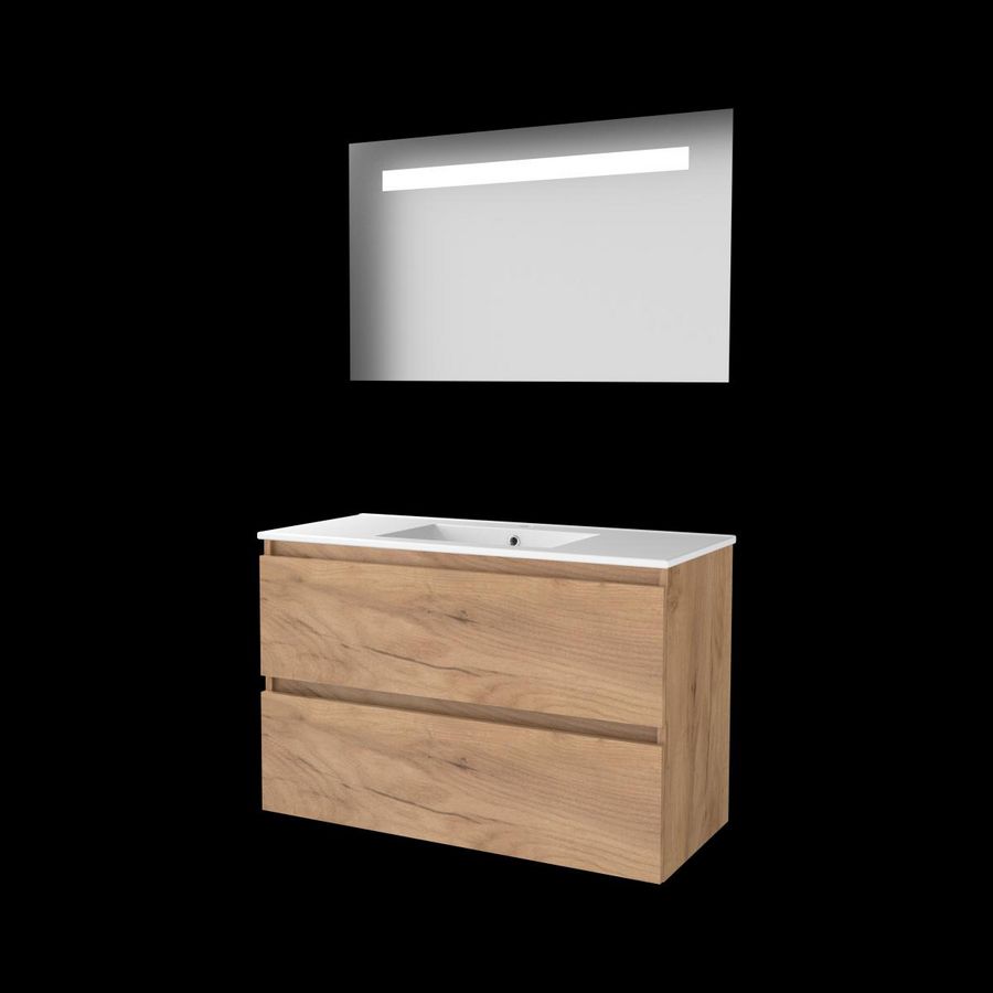 Set ECONOMIC-46 onderkast whisky oak 100cm greeploos 2x la porselein wastafel 1x kraangat spiegel geïn. LED-verl. (E46GL100PWO)