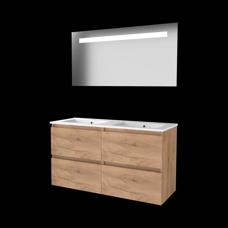 Set ECONOMIC-46 onderkast whisky oak 120cm (2x 60cm) greeploos 4x la porselein wastafel 2x kraangat spiegel geïn. LED-verl. (E46GL120PWO)