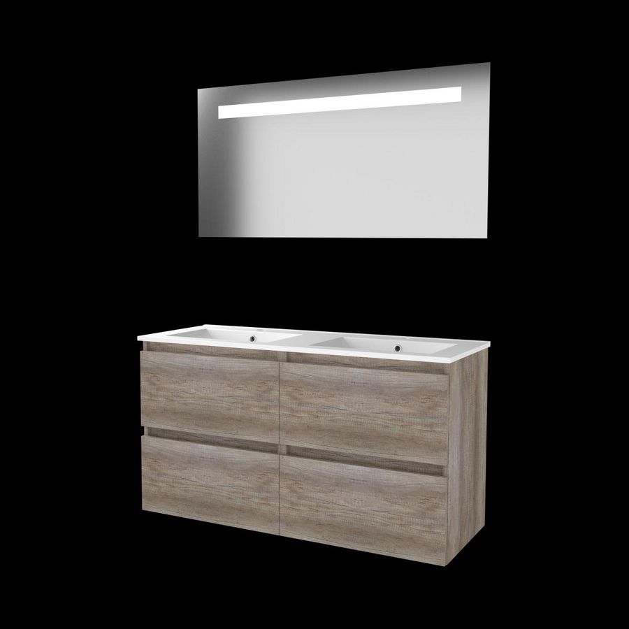 Set ECONOMIC-46 onderkast scotch oak 120cm (2x 60cm) greeploos 4x la porselein wastafel 2x kraangat spiegel geïn. LED-verl. (E46GL120PSO)