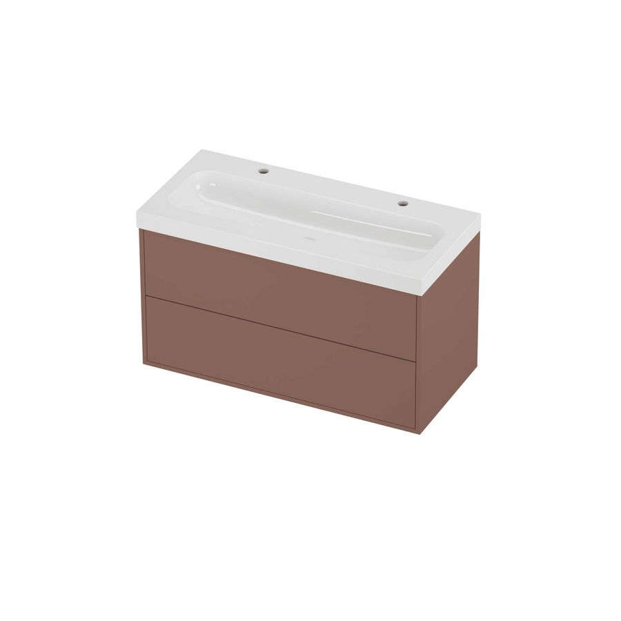 Haga Set polystone Mezza wastafel met 2 kraangaten en onderkast tbv grepen 2 laden symmetrisch in kader 1000x460x580mm glans wit/Beauty blush