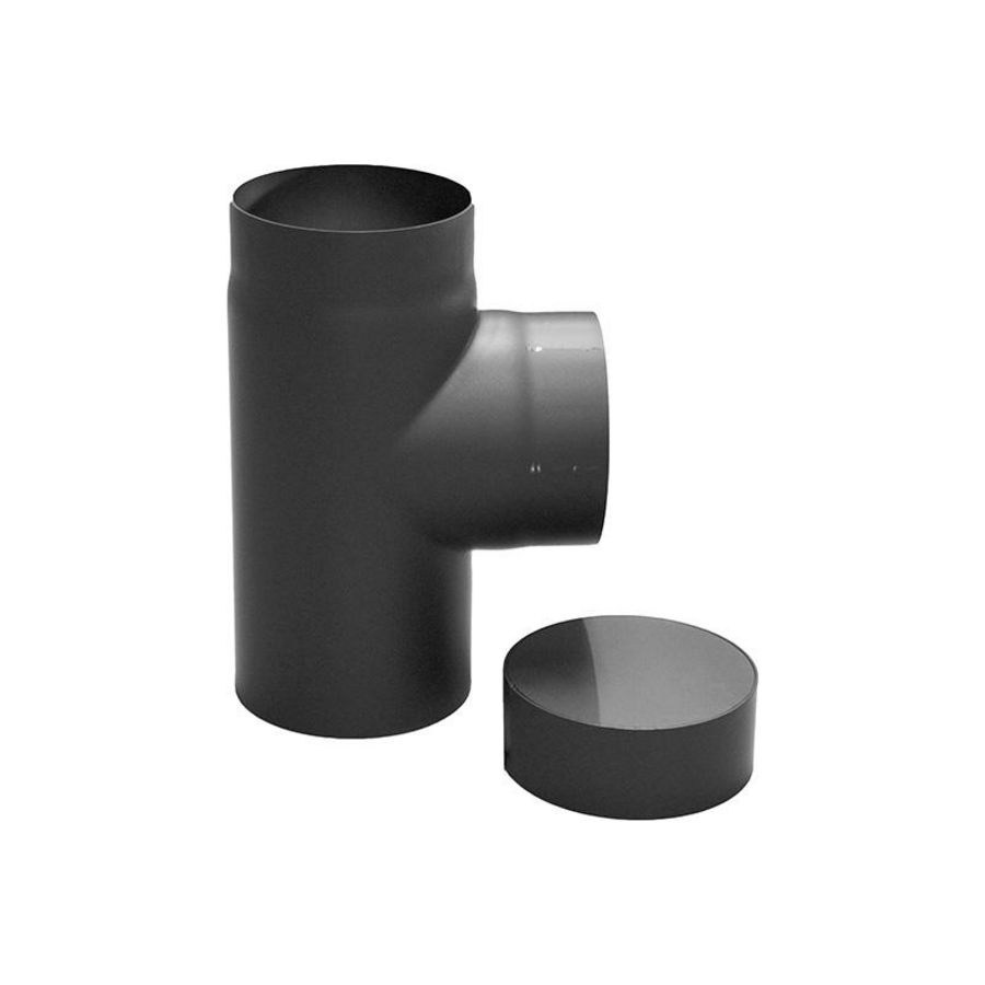 Zwart staal Ø150mm t-stuk+dop