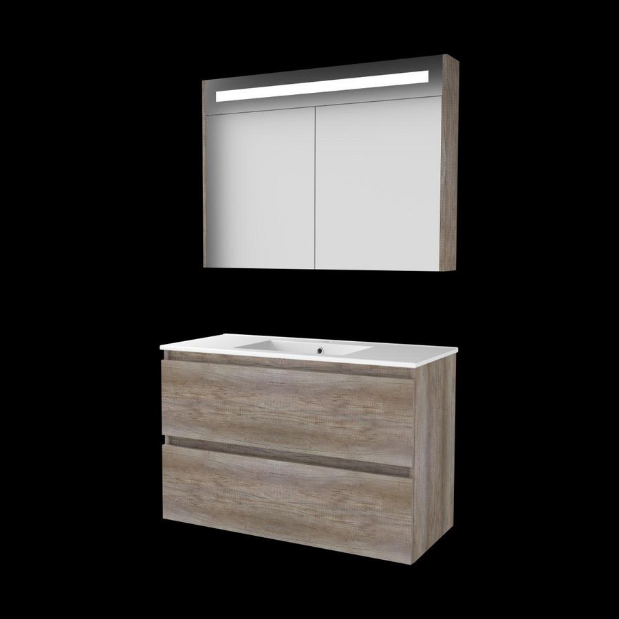 Set PREMIUM-46 onderkast scotch oak 100cm greeploos 2x la porselein wastafel 1x kraangat spiegelkast geïn. LED-verl. (P46GL100PSO)
