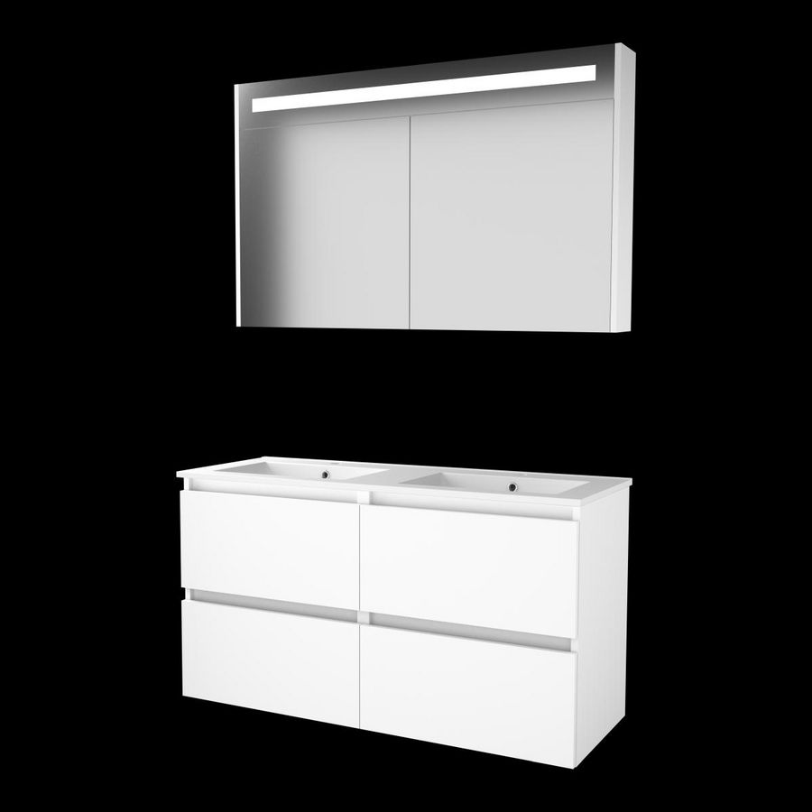 Set PREMIUM-46 onderkast ice white 120cm (2x 60cm) greeploos 4x la porselein wastafel 2x kraangat spiegelkast geïn. LED-verl. (P46GL120PIW)