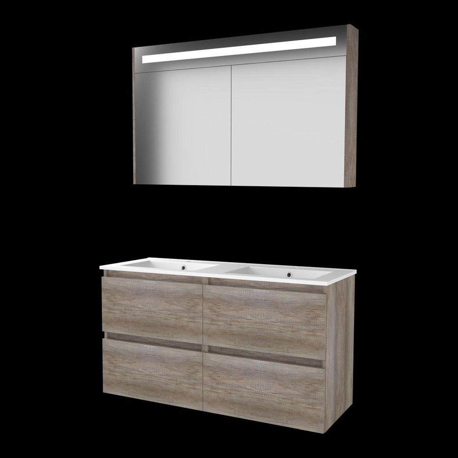 Set PREMIUM-46 onderkast scotch oak 120cm (2x 60cm) greeploos 4x la porselein wastafel 2x kraangat spiegelkast geïn. LED-verl. (P46GL120PSO)