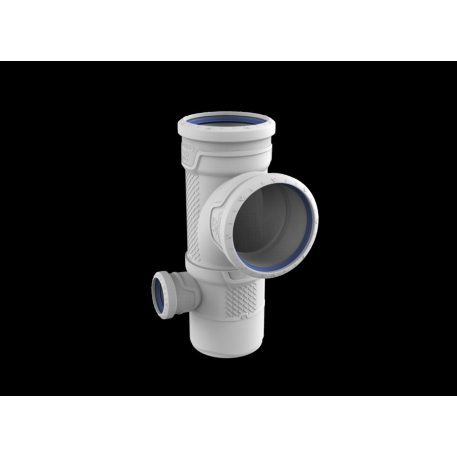 Dubbel Zij T-stuk PP AS+ geluidsarm lichtgrijs 87° 110x110x50mm links