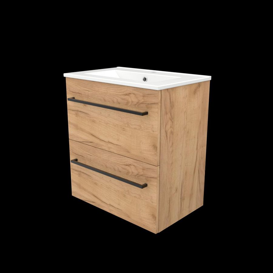 Set START-39 onderkast whisky oak 60cm grepen chroom 2x la porselein wastafel 1x kraangat (S39GR60PWO)