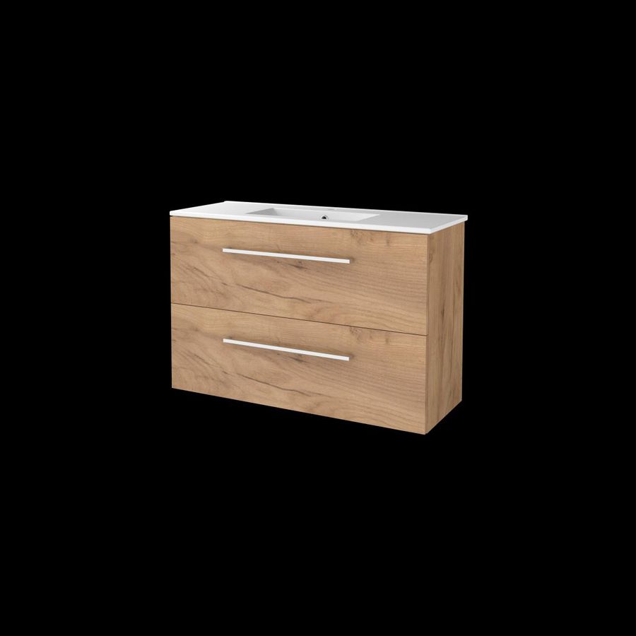 Set START-39 onderkast whisky oak 100cm grepen chroom 2x la porselein wastafel 1x kraangat (S39GR100PWO)