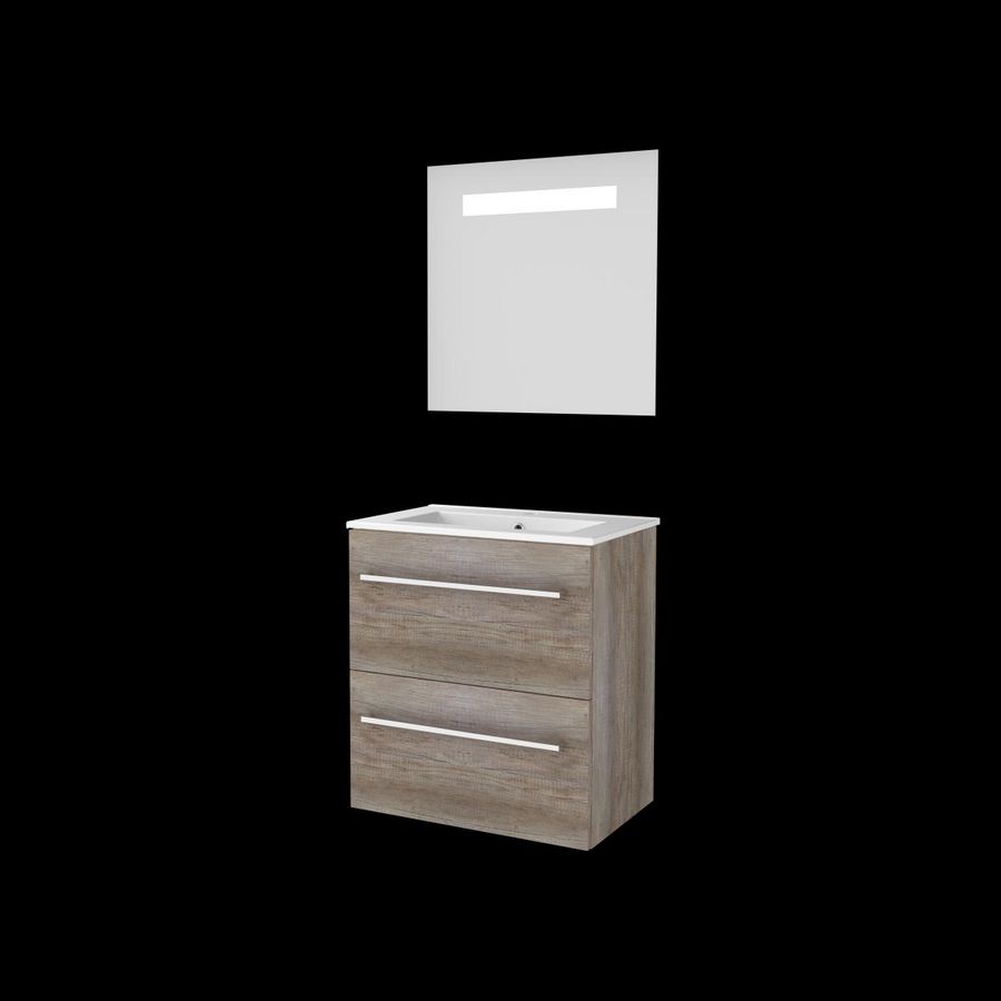 Set ECONOMIC-39 onderkast scotch oak 60cm grepen chroom 2x la porselein wastafel 1x kraangat spiegel geïn. LED-verl. (E39GR60PSO)