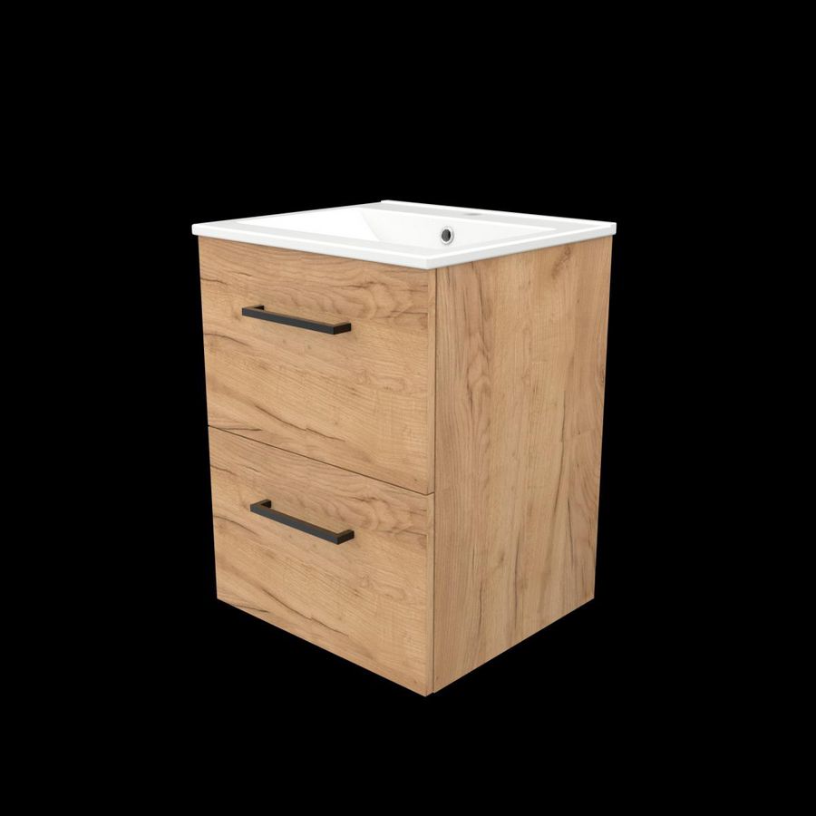 Set START-46 onderkast whisky oak 50cm grepen chroom 2x la porselein wastafel 1x kraangat (S46GR50PWO)