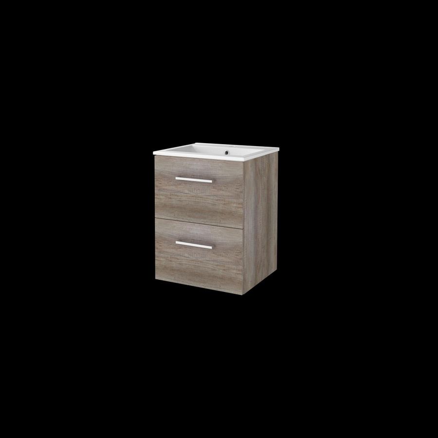 Set START-46 onderkast scotch oak 50cm grepen chroom 2x la porselein wastafel 1x kraangat (S46GR50PSO)