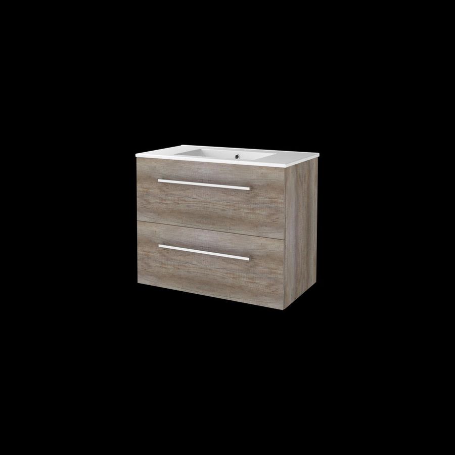 Set START-46 onderkast scotch oak 80cm grepen chroom 2x la porselein wastafel 1x kraangat (S46GR80PSO)