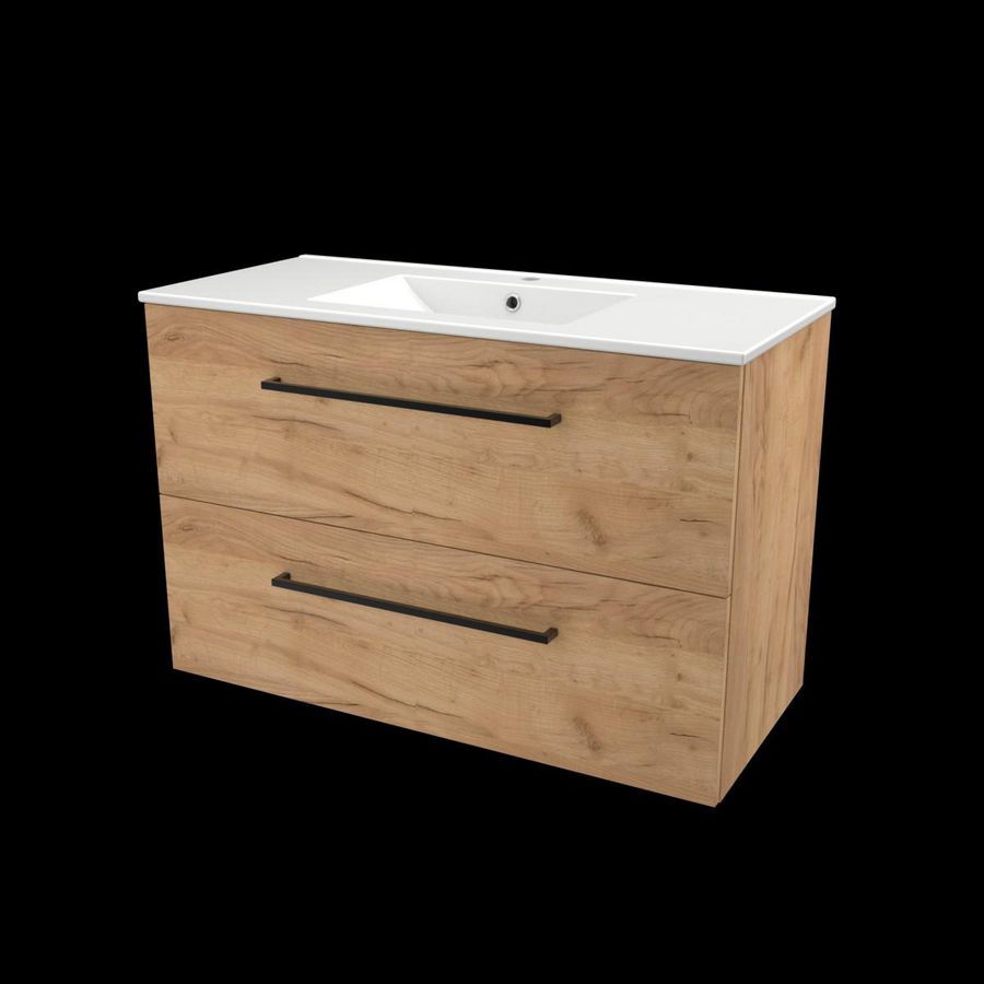 Set START-46 onderkast whisky oak 100cm grepen chroom 2x la porselein wastafel 1x kraangat (S46GR100PWO)