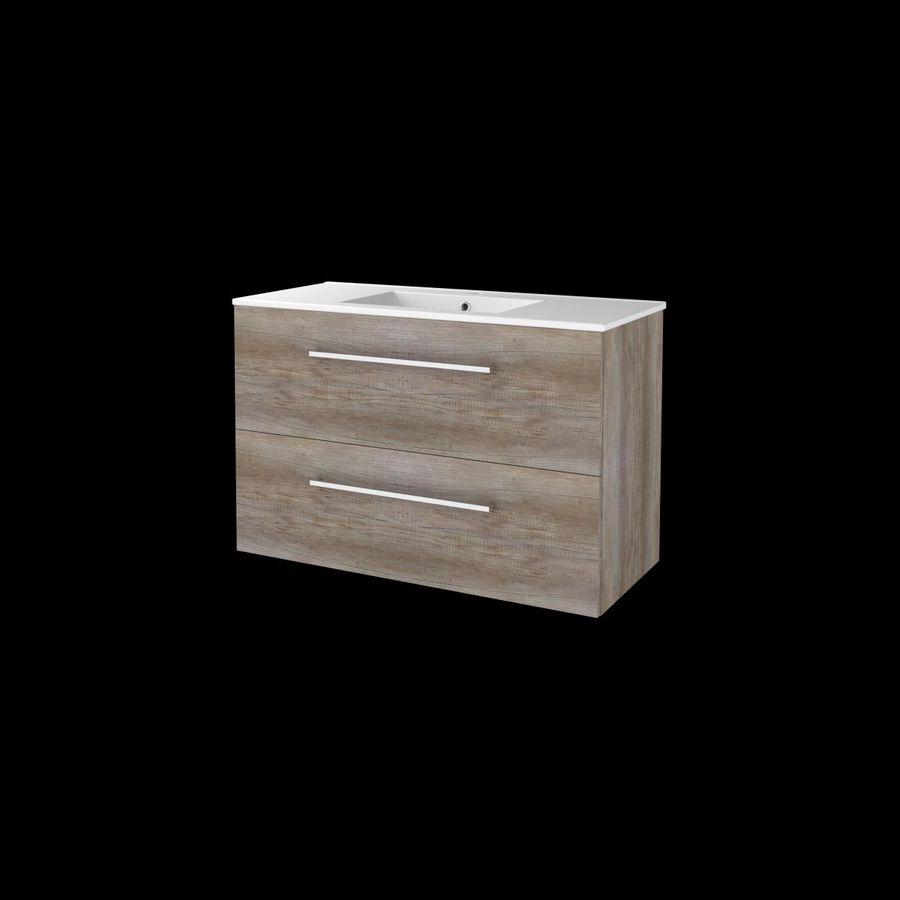 Set START-46 onderkast scotch oak 100cm grepen chroom 2x la porselein wastafel 1x kraangat (S46GR100PSO)
