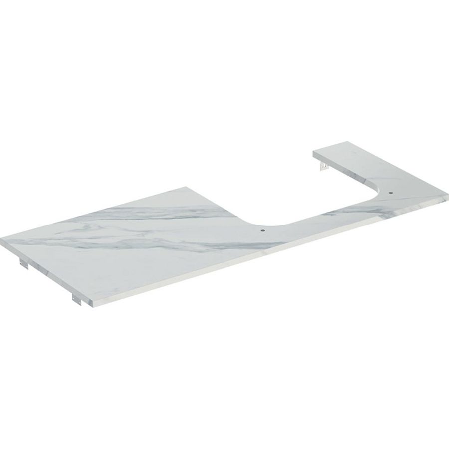 Wastafelblad porselein voor opzetwastafel 120cm wit marmerlook mat uitsparing rechthoek rechts ONE