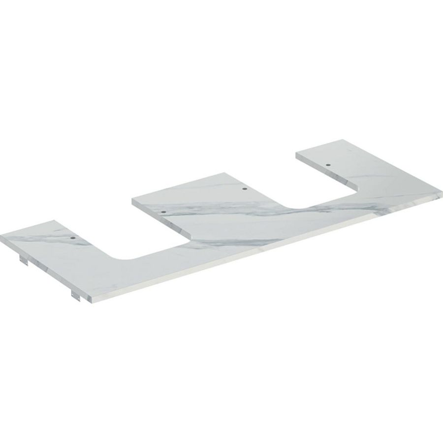 Wastafelblad porselein voor opzetwastafel 120cm wit marmerlook mat uitsparing afgerond rechts + links ONE