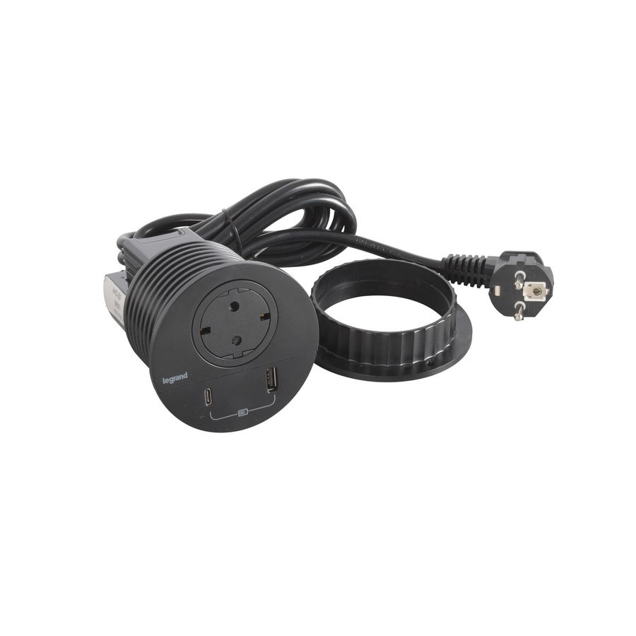 Wandcontactdoos zwart + USB +stekker+snoer Disq80