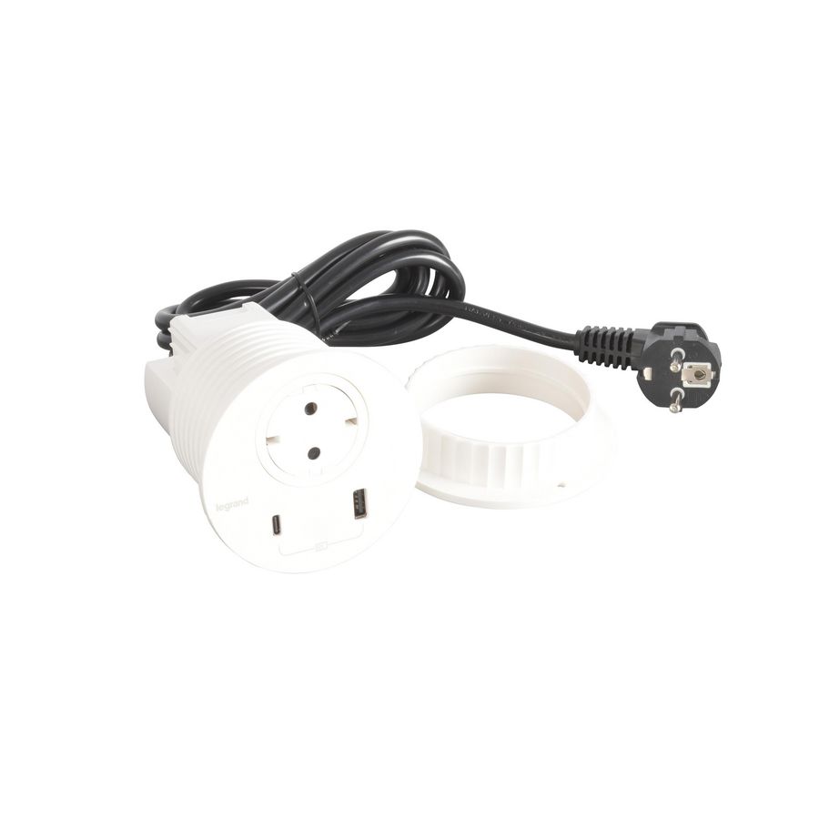 Wandcontactdoos wit + USB + stekker+snoer L2m. Disq80