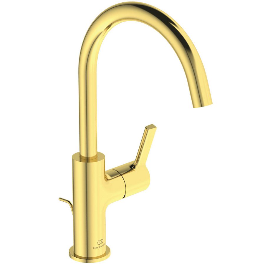 Joy wastafelmengkraan 5l/min. met hoge uitloop met waste brushed gold (mat goudkleurig)