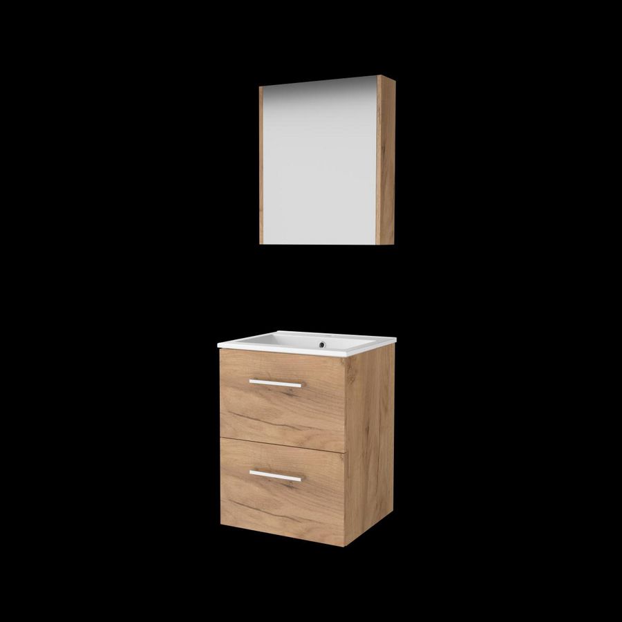 Set COMFORT-46 onderkast 50cm Whisky Oak grepen chroom 2x la porselein wastafel 1x kraangat spiegelkast (C46GR50PWO)