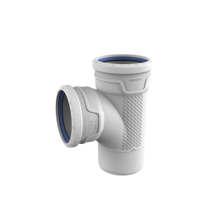 PROMO T-stuk stromend PP AS+ geluidsarm 87° lichtgrijs 110mm mof x mof x spie (3462511009)