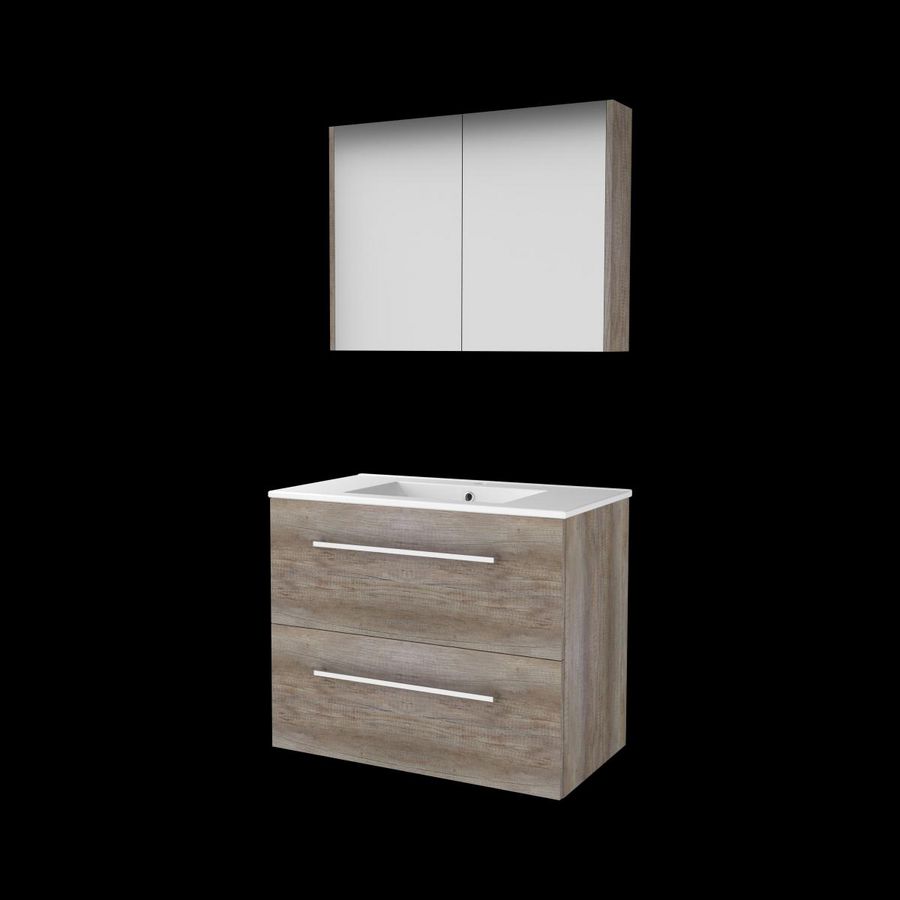 Set COMFORT-46 onderkast 80cm Scotch Oak grepen chroom 2x la porselein wastafel 1x kraangat spiegelkast (C46GR80PSO)