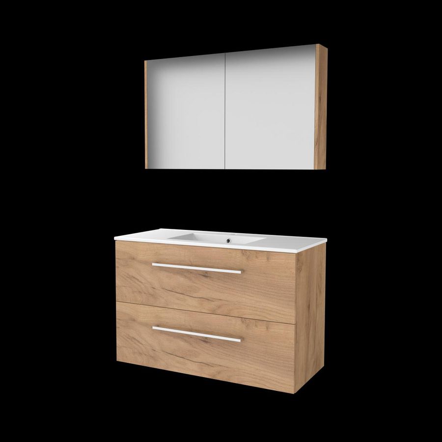 Set COMFORT-46 onderkast 100cm Whisky Oak grepen chroom 2x la porselein wastafel 1x kraangat spiegelkast (C46GR100PWO)