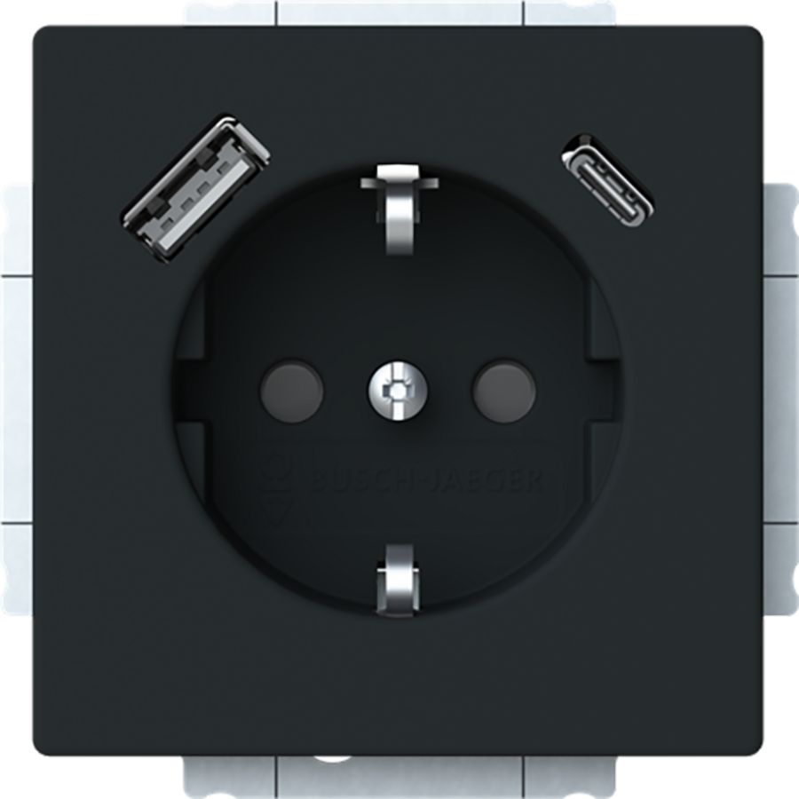 Wandcontactdoos ra kv + 1xUSB-A + 1xUSB-C voeding f-mat zwart (20 EUCB2USBAC-885)